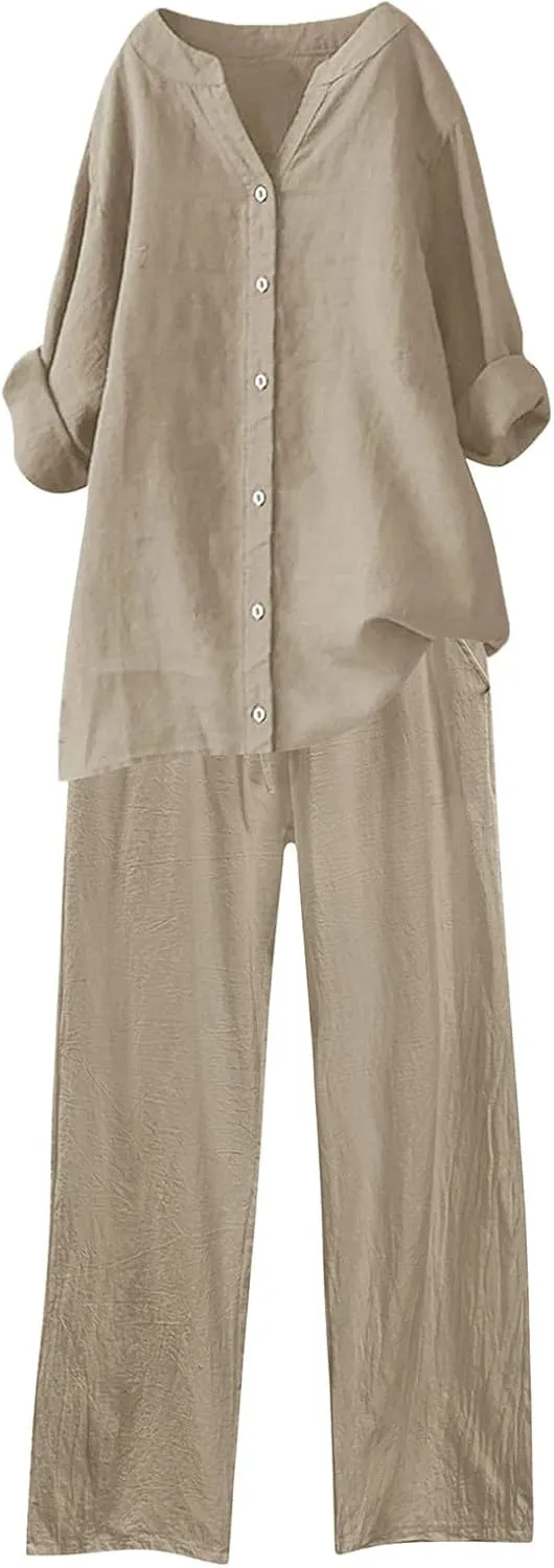 Cotton Linen Pants Sets for Women 2 Piece Summer Oversized Long Sleeve Button Shirt Wide Leg Casual Pants Tracksuits