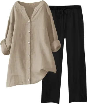 Cotton Linen Pants Sets for Women 2 Piece Summer Oversized Long Sleeve Button Shirt Wide Leg Casual Pants Tracksuits