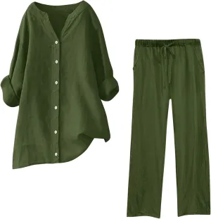 Cotton Linen Pants Sets for Women 2 Piece Summer Oversized Long Sleeve Button Shirt Wide Leg Casual Pants Tracksuits