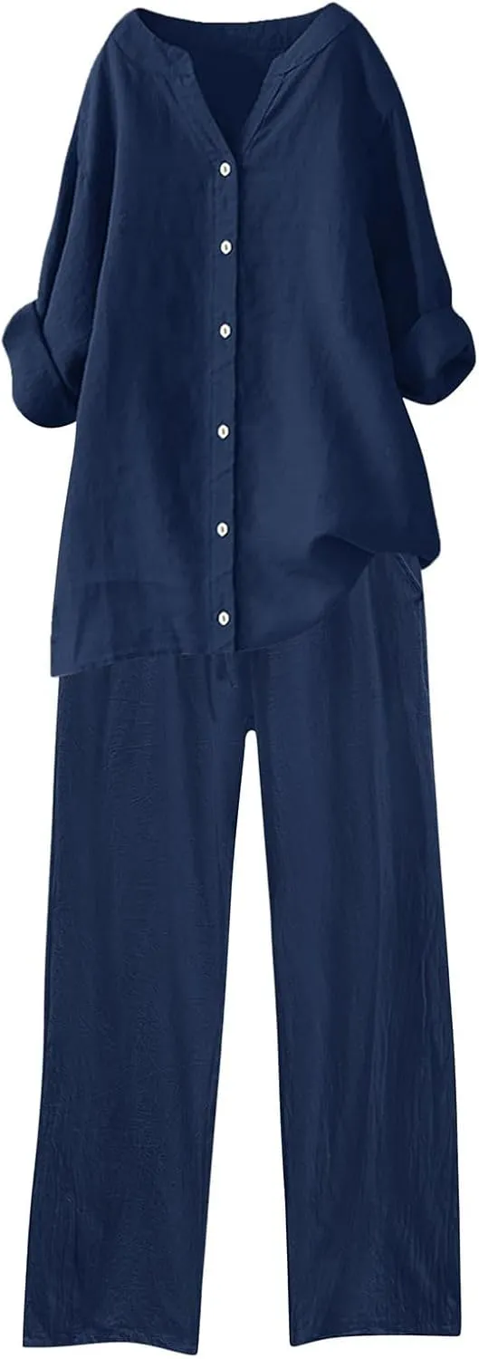 Cotton Linen Pants Sets for Women 2 Piece Summer Oversized Long Sleeve Button Shirt Wide Leg Casual Pants Tracksuits