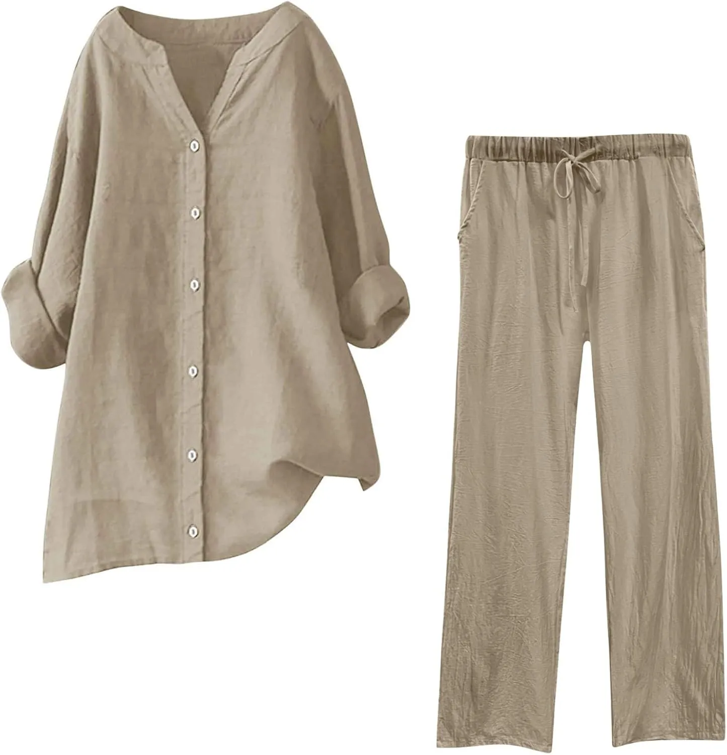 Cotton Linen Pants Sets for Women 2 Piece Summer Oversized Long Sleeve Button Shirt Wide Leg Casual Pants Tracksuits