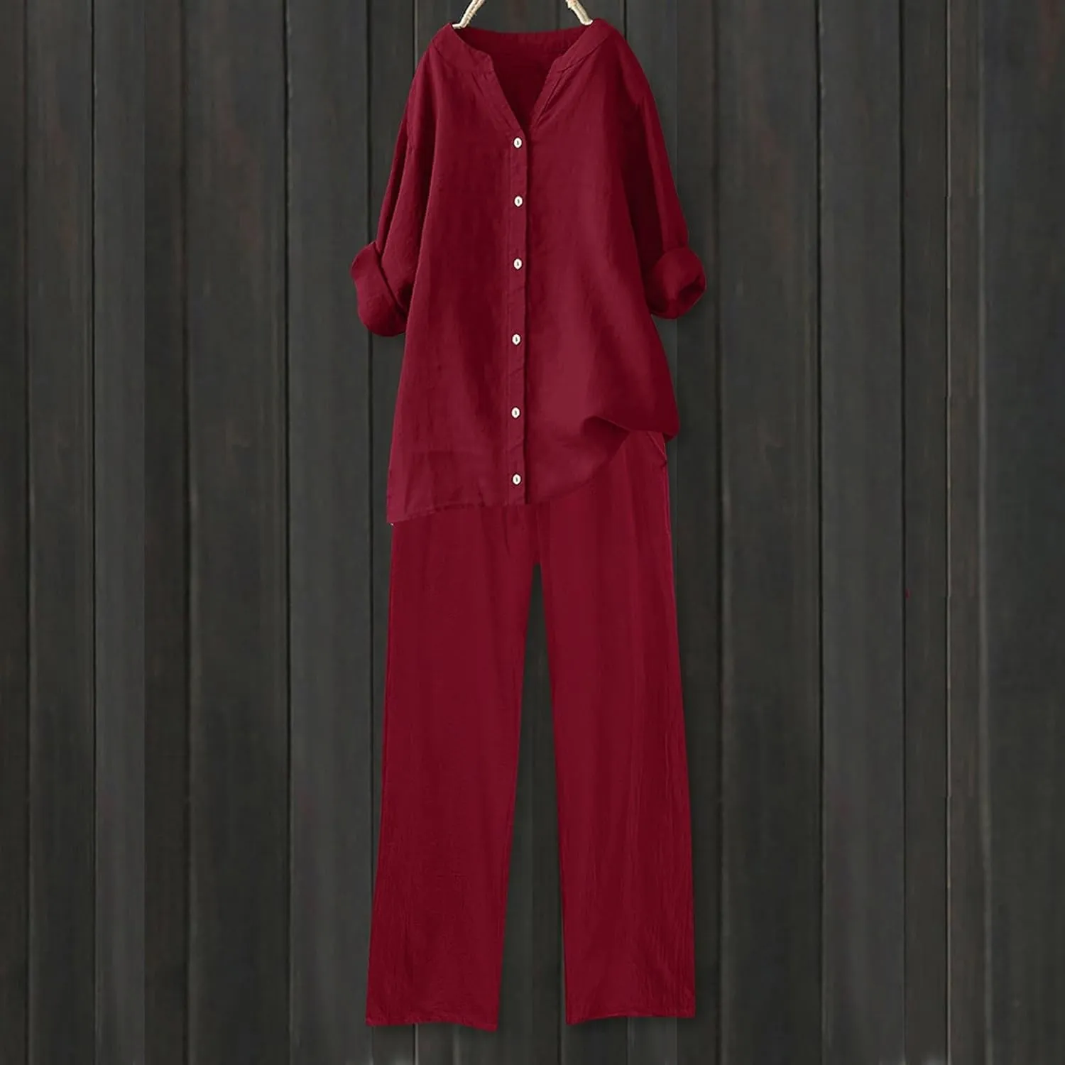Cotton Linen Pants Sets for Women 2 Piece Summer Oversized Long Sleeve Button Shirt Wide Leg Casual Pants Tracksuits