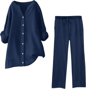 Cotton Linen Pants Sets for Women 2 Piece Summer Oversized Long Sleeve Button Shirt Wide Leg Casual Pants Tracksuits
