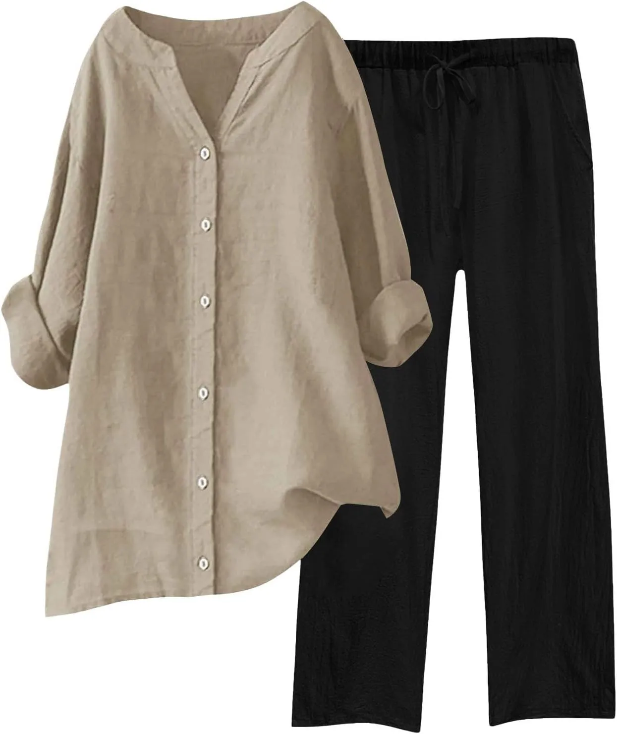 Cotton Linen Pants Sets for Women 2 Piece Summer Oversized Long Sleeve Button Shirt Wide Leg Casual Pants Tracksuits