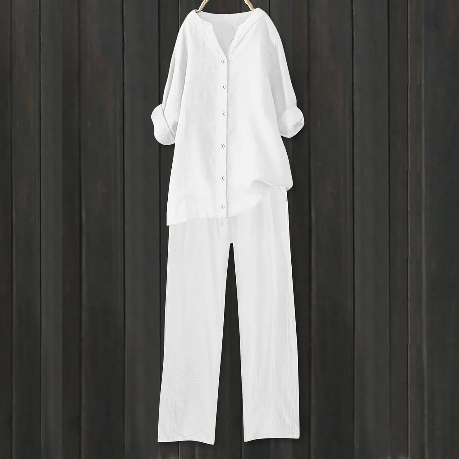 Cotton Linen Pants Sets for Women 2 Piece Summer Oversized Long Sleeve Button Shirt Wide Leg Casual Pants Tracksuits
