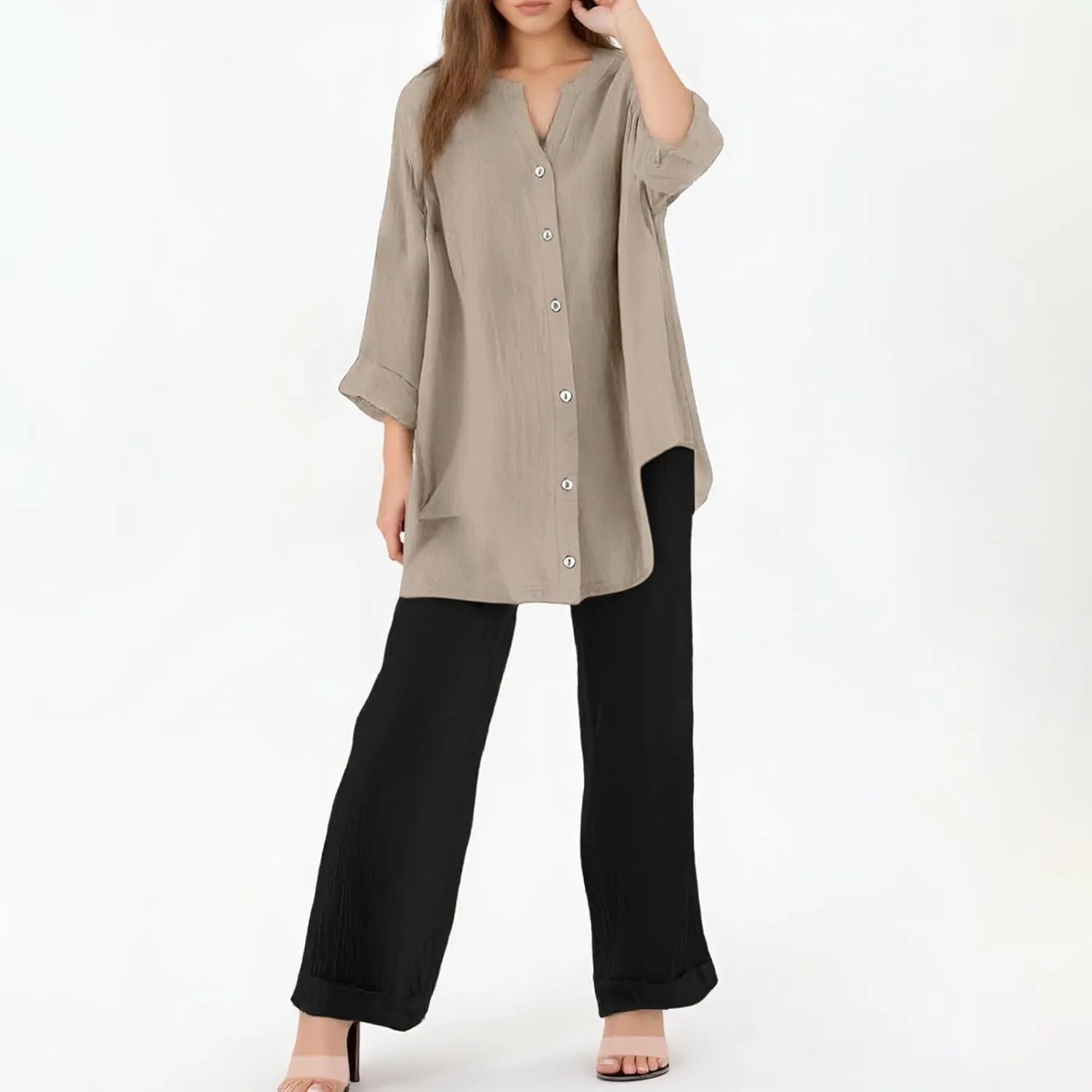 Cotton Linen Pants Sets for Women 2 Piece Summer Oversized Long Sleeve Button Shirt Wide Leg Casual Pants Tracksuits