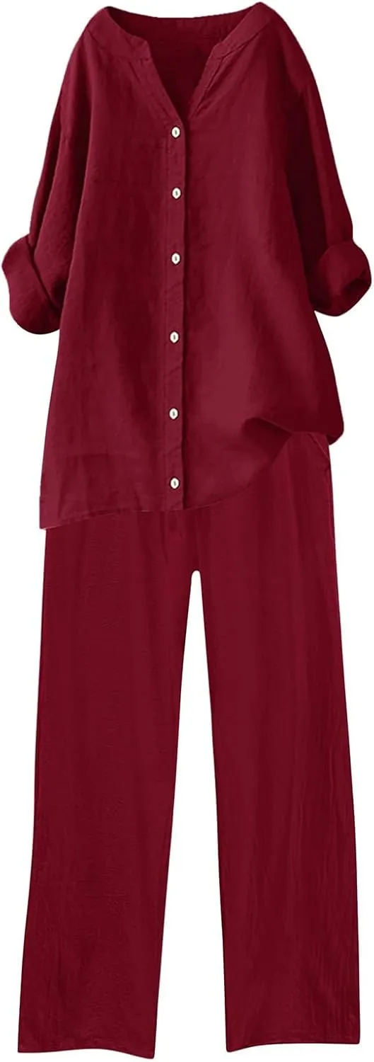 Cotton Linen Pants Sets for Women 2 Piece Summer Oversized Long Sleeve Button Shirt Wide Leg Casual Pants Tracksuits