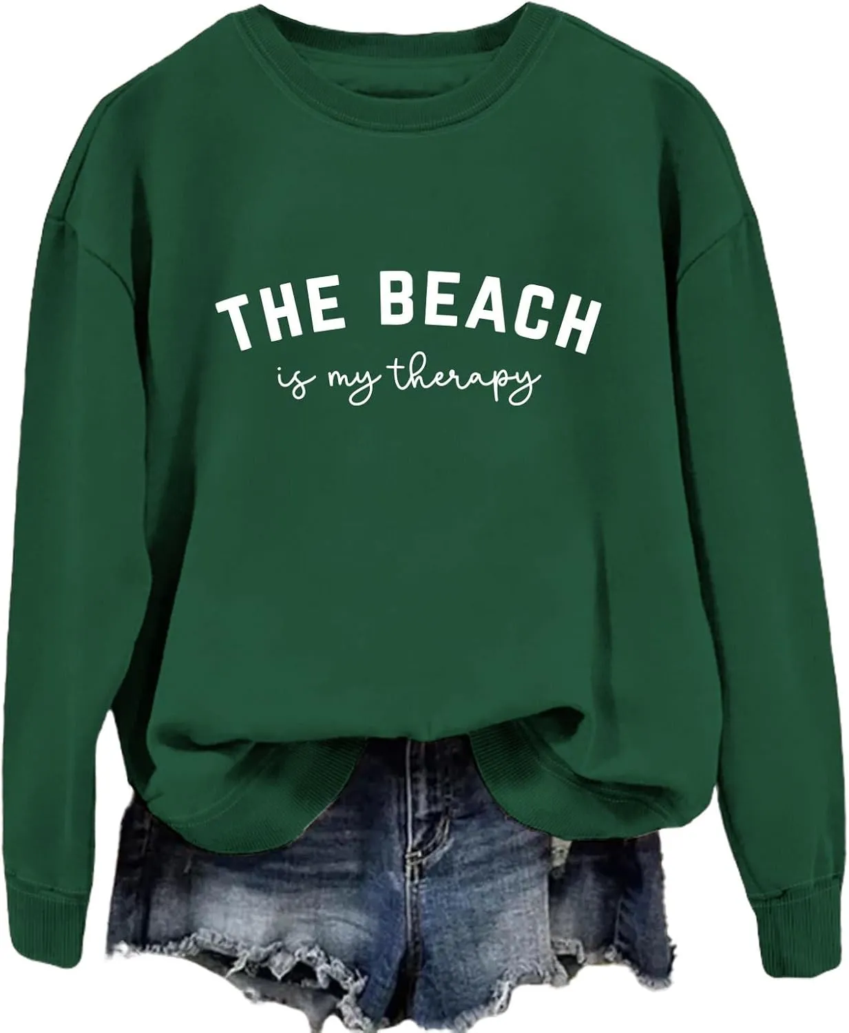 Crewneck Sweatshirt for Women Pullover, The Beach Is My Therapy Loose Fit Long Sleeve Shirts Graphics Tops