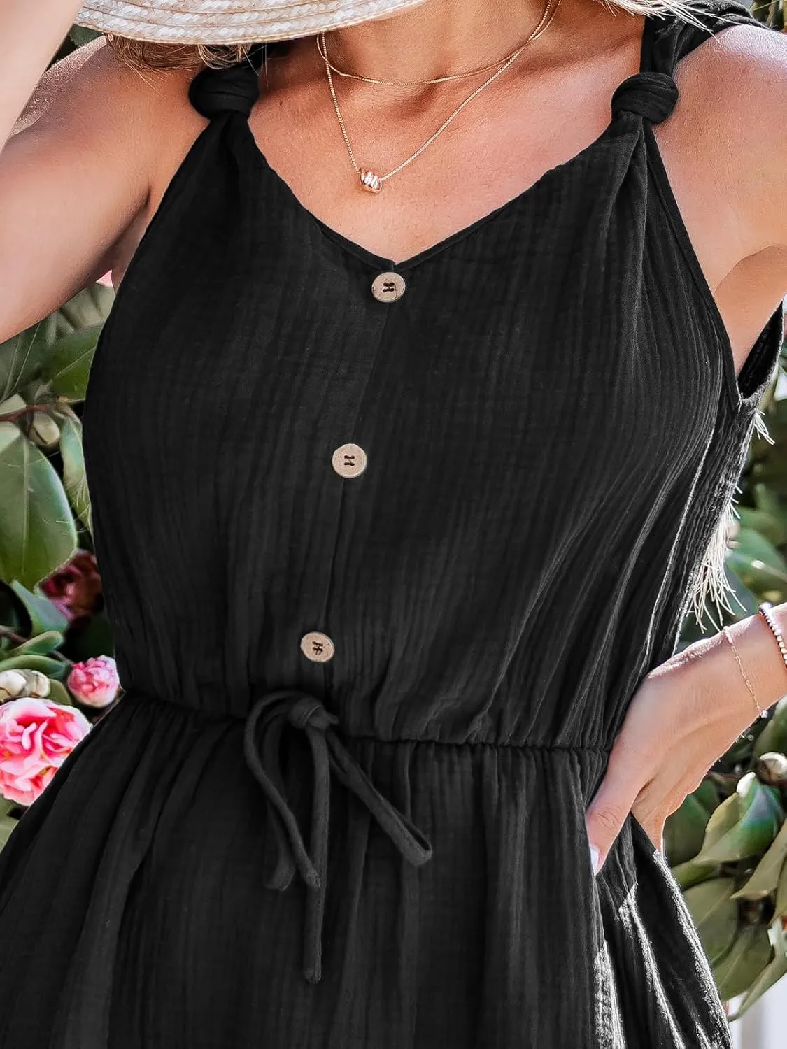 CUPSHE Women Cotton Summer Dress 2025 Knot Strap V Neck Smocked Waist Tie Casual Sundress Beach Holiday Vacation Mini Dress