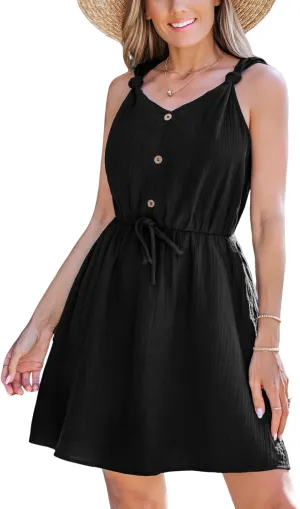 CUPSHE Women Cotton Summer Dress 2025 Knot Strap V Neck Smocked Waist Tie Casual Sundress Beach Holiday Vacation Mini Dress