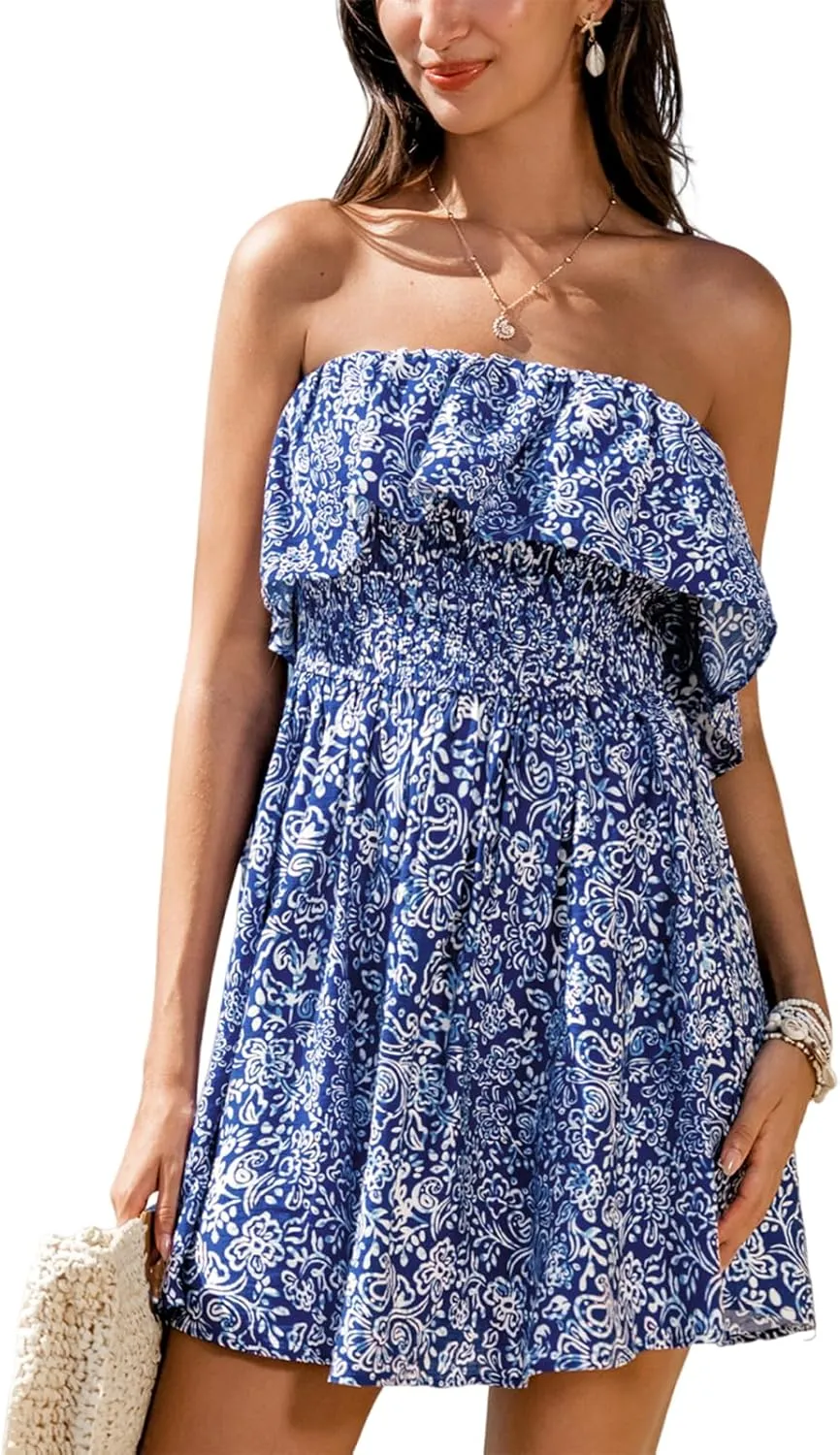 CUPSHE Women Floral Ruffle Summer Dress 2025 Off Shoulder Tube Smocked Waist Casual Sundress Holiday Beach Mini Dress