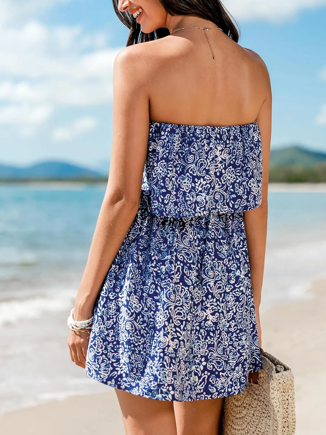 CUPSHE Women Floral Ruffle Summer Dress 2025 Off Shoulder Tube Smocked Waist Casual Sundress Holiday Beach Mini Dress