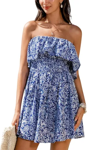 CUPSHE Women Floral Ruffle Summer Dress 2025 Off Shoulder Tube Smocked Waist Casual Sundress Holiday Beach Mini Dress