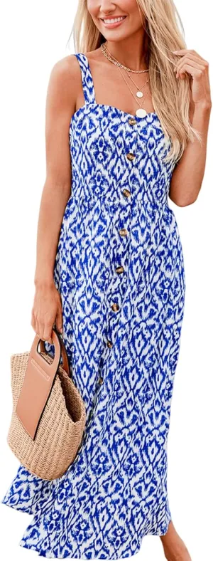 CUPSHE Women Ruffle Summer Dress 2025 Square Neck Straps Button Front Casual Sundress Holiday Vacation Beach Maxi Dress