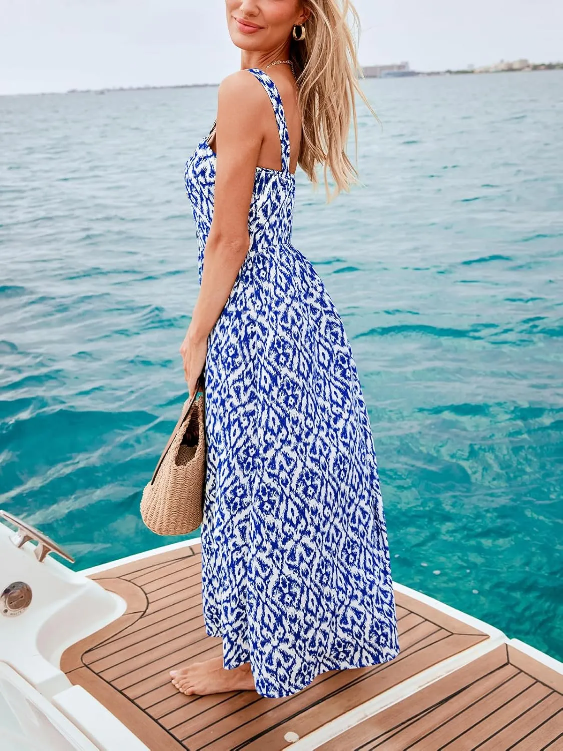CUPSHE Women Ruffle Summer Dress 2025 Square Neck Straps Button Front Casual Sundress Holiday Vacation Beach Maxi Dress