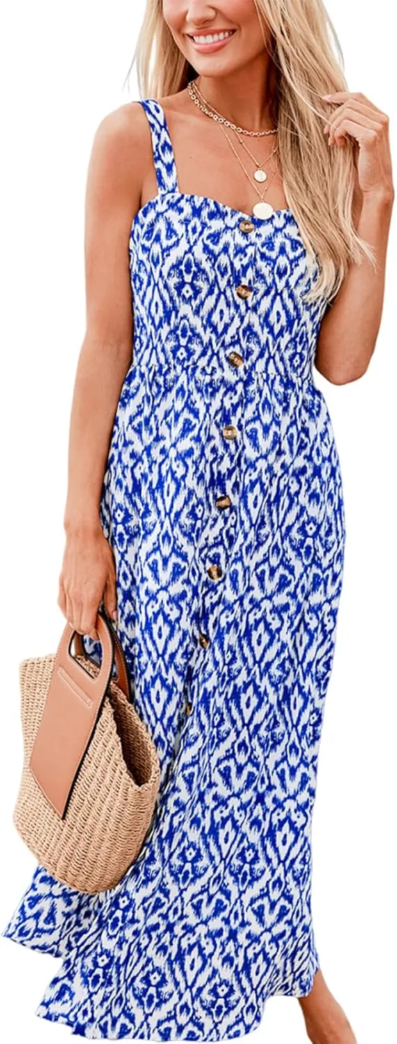 CUPSHE Women Ruffle Summer Dress 2025 Square Neck Straps Button Front Casual Sundress Holiday Vacation Beach Maxi Dress