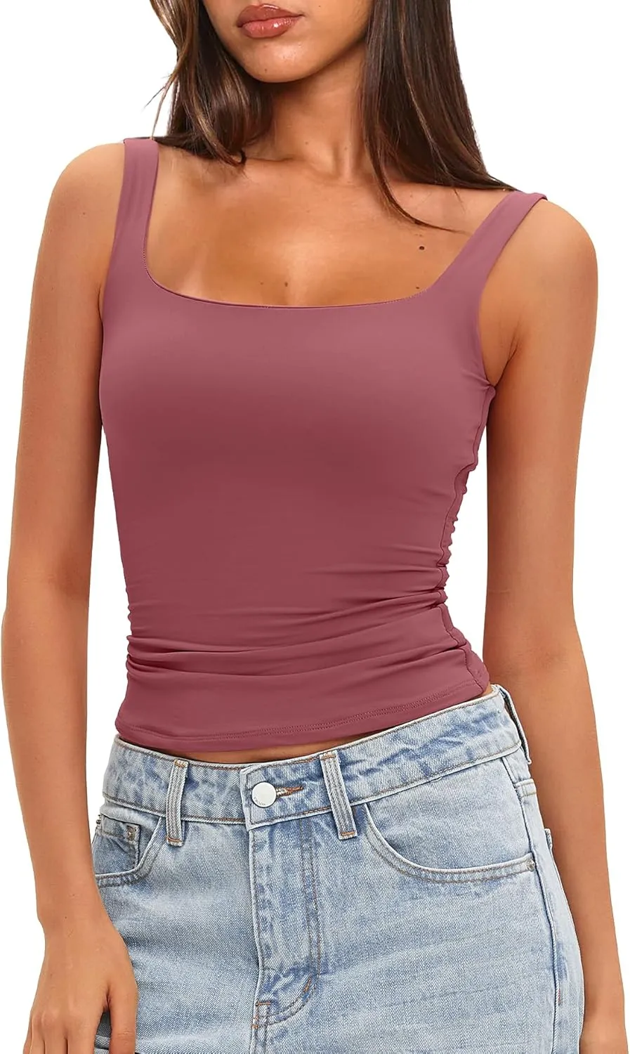 Darong Women's Padded Square Neck Tank Tops Summer Double Layer Basic Sleeveless Tank Shirts Built in Bra