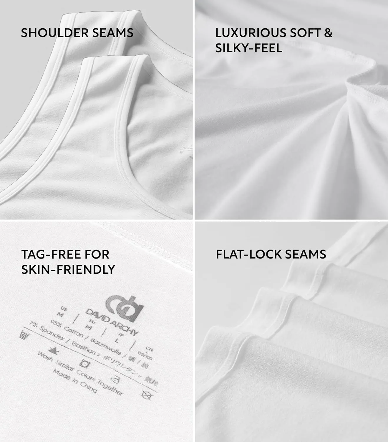 DAVID ARCHY Men's Undershirts Combed Cotton Tank Tops Soft Moisture-Wicking Shirt Breathable A-Shirt for Men 3 Pack