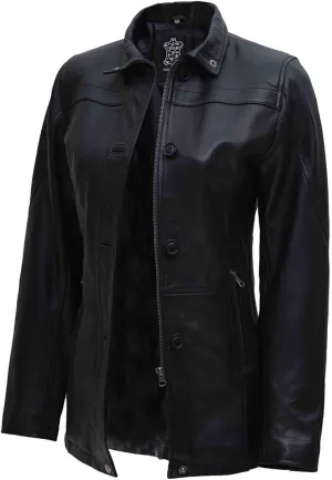 Decrum Leather Coat Women - Casual Car Coat Style 3/4 Length Real Lambskin Leather Jackets for Women