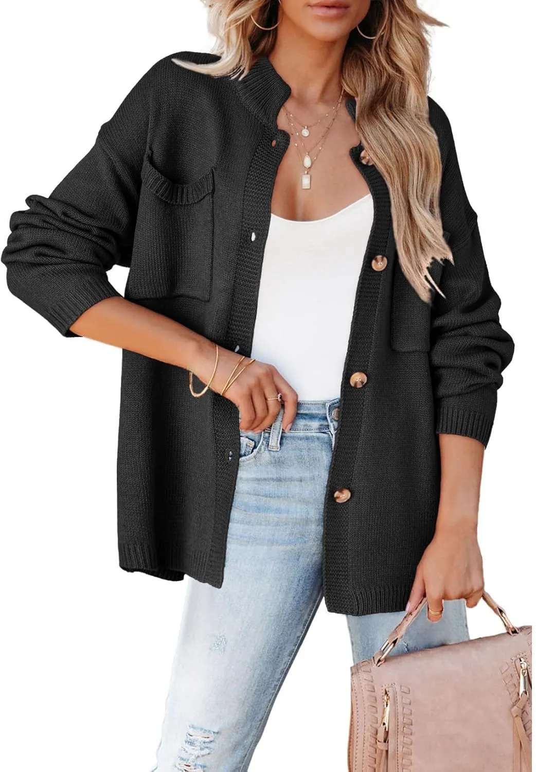 Dokotoo Cardigan Sweaters for Women Casual Open Front Long Sleeve Button Down Knit Outwear Stand Collar Fall Fashion 2024