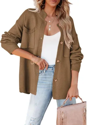 Dokotoo Cardigan Sweaters for Women Casual Open Front Long Sleeve Button Down Knit Outwear Stand Collar Fall Fashion 2024