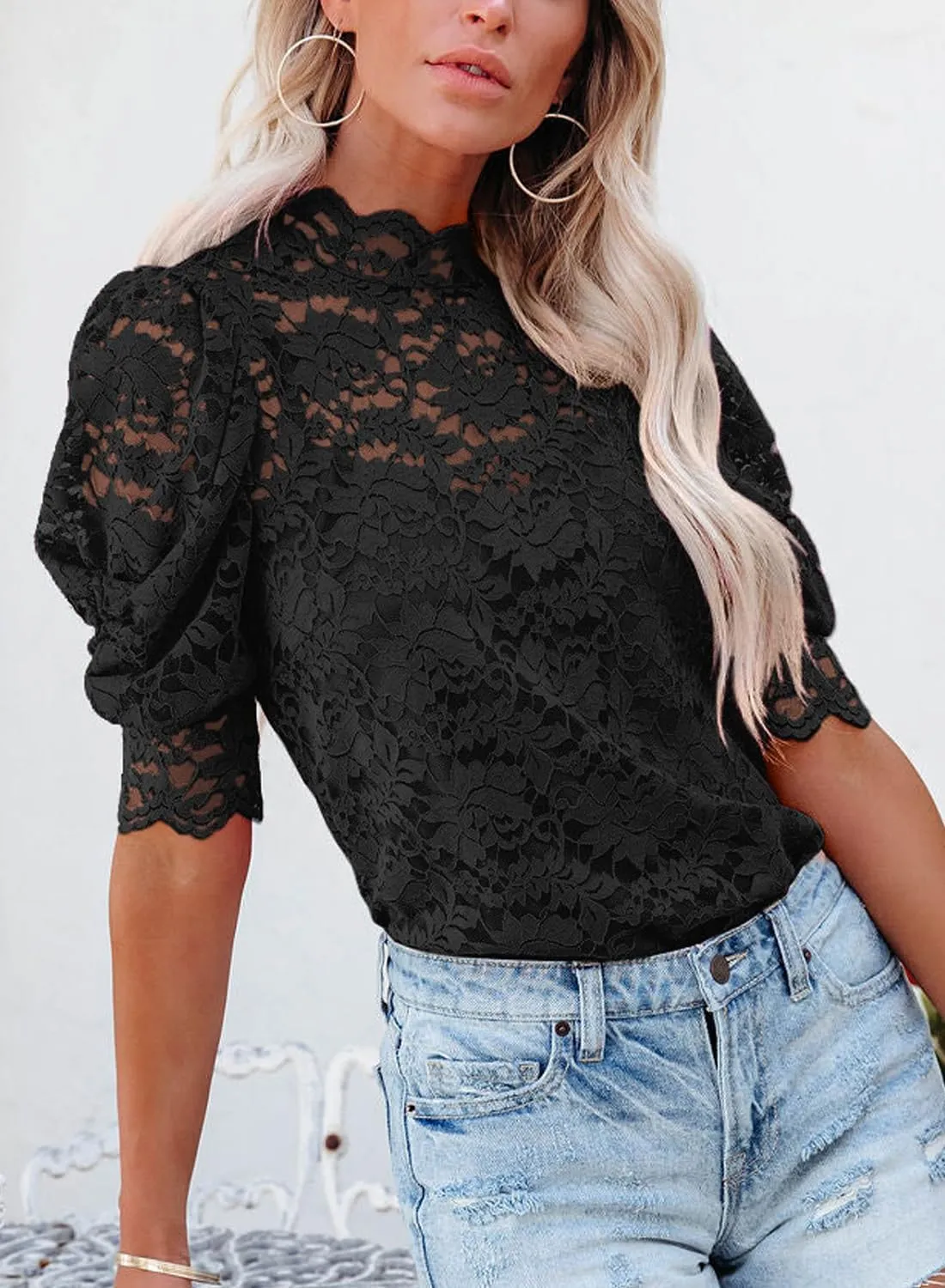 DOROSE Womens Tops and Blouses Dressy Casual Lace Floral Long Sleeve Shirts