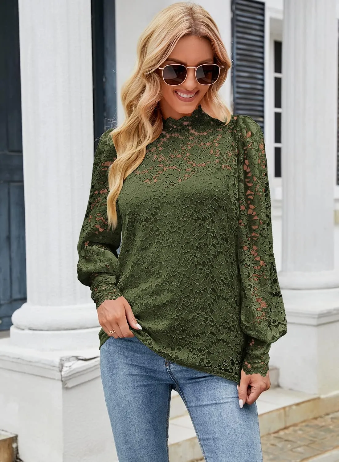 DOROSE Womens Tops and Blouses Dressy Casual Lace Floral Long Sleeve Shirts