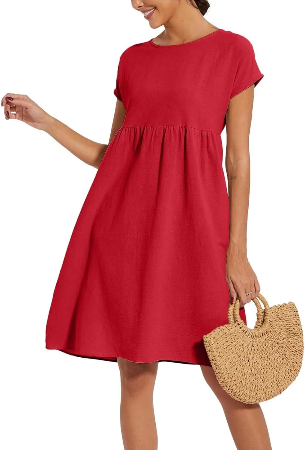 Dresses for Women 2024 Summer Casual Plus Size Short Sleeve Linen Midi Dress Trendy Loose Beach Sundress with Pockets