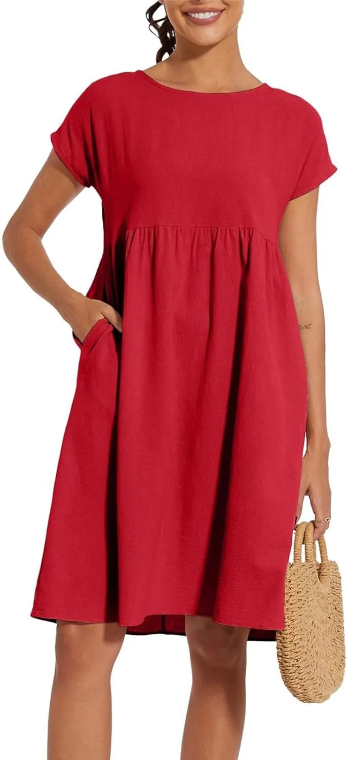 Dresses for Women 2024 Summer Casual Plus Size Short Sleeve Linen Midi Dress Trendy Loose Beach Sundress with Pockets