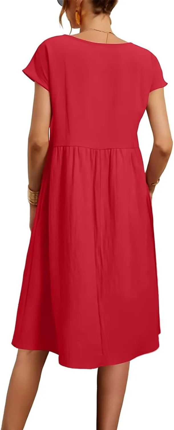 Dresses for Women 2024 Summer Casual Plus Size Short Sleeve Linen Midi Dress Trendy Loose Beach Sundress with Pockets