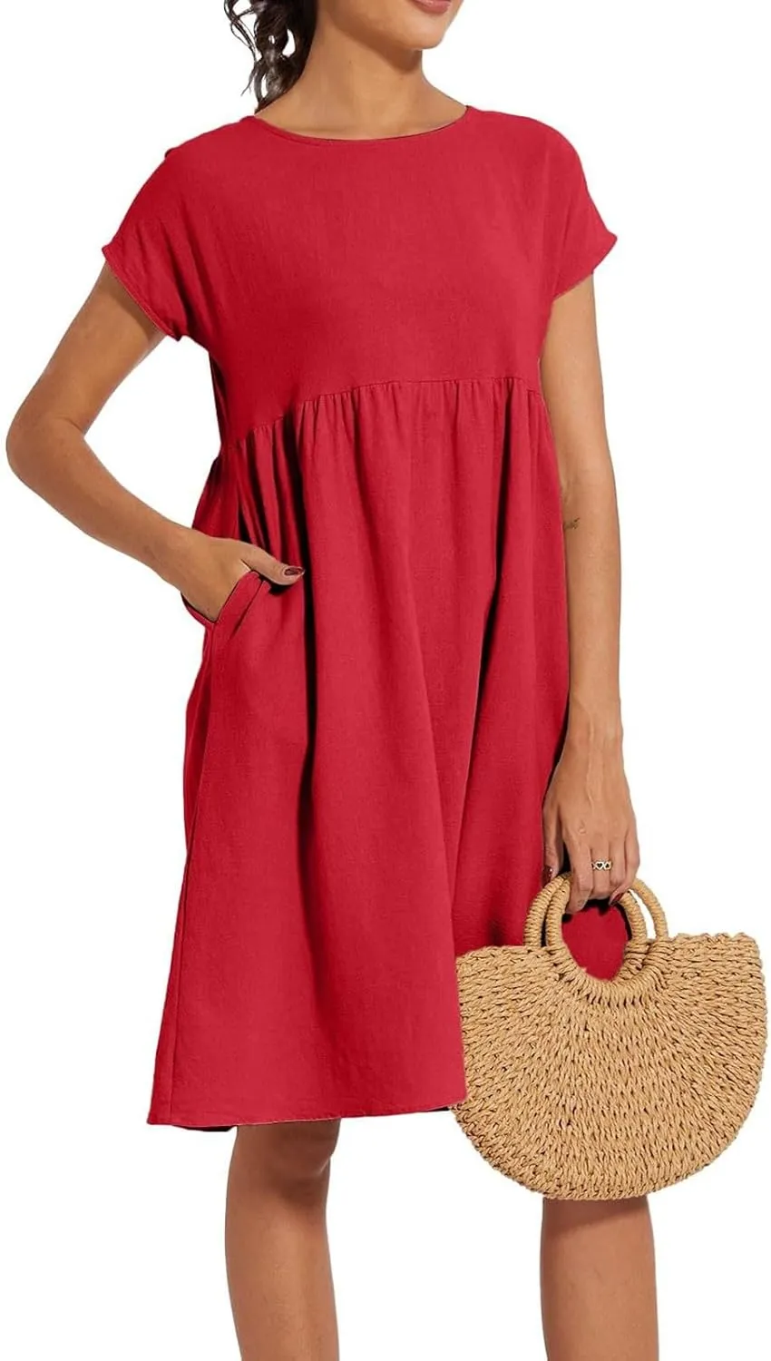 Dresses for Women 2024 Summer Casual Plus Size Short Sleeve Linen Midi Dress Trendy Loose Beach Sundress with Pockets