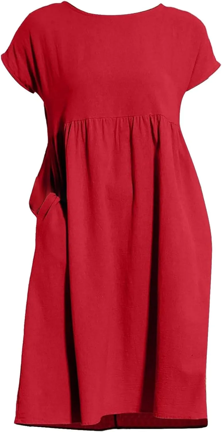 Dresses for Women 2024 Summer Casual Plus Size Short Sleeve Linen Midi Dress Trendy Loose Beach Sundress with Pockets
