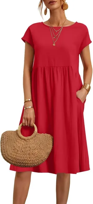 Dresses for Women 2024 Summer Casual Plus Size Short Sleeve Linen Midi Dress Trendy Loose Beach Sundress with Pockets