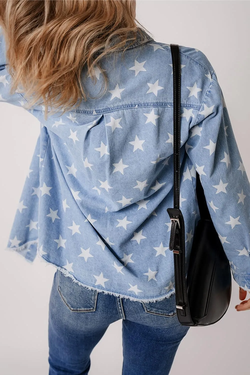 Ecosunny Womens Casual Long Sleeve Button Down Shirt Jacket Star Print Light Wash Raw Hem Denim Shacket Lightweight Tops