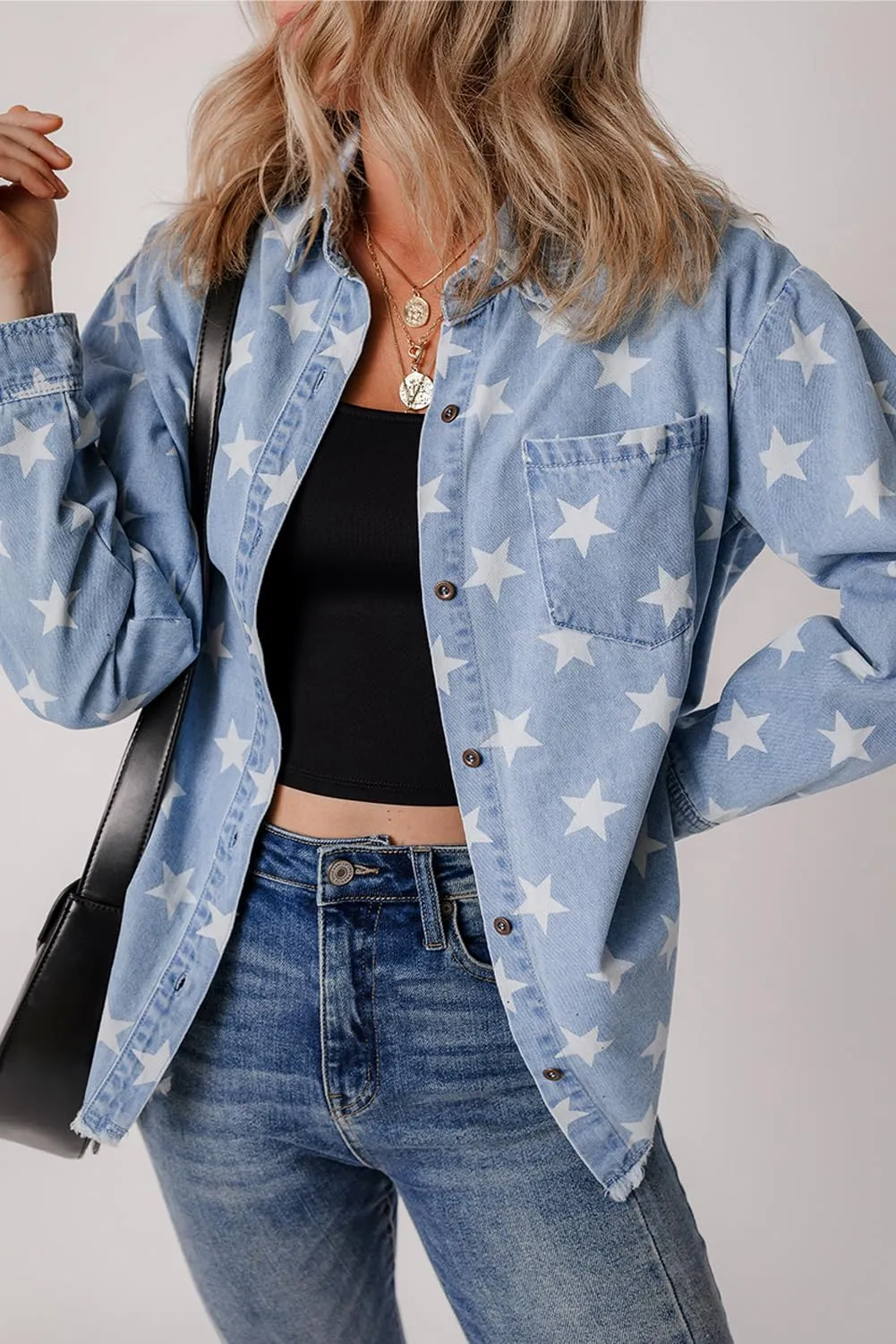 Ecosunny Womens Casual Long Sleeve Button Down Shirt Jacket Star Print Light Wash Raw Hem Denim Shacket Lightweight Tops