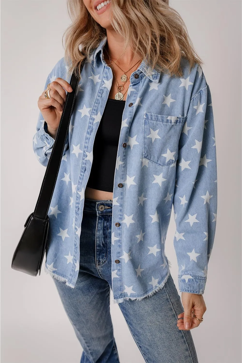 Ecosunny Womens Casual Long Sleeve Button Down Shirt Jacket Star Print Light Wash Raw Hem Denim Shacket Lightweight Tops