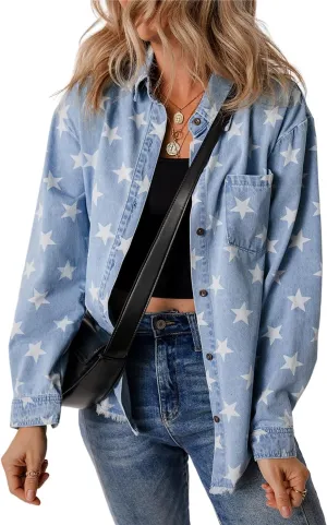 Ecosunny Womens Casual Long Sleeve Button Down Shirt Jacket Star Print Light Wash Raw Hem Denim Shacket Lightweight Tops