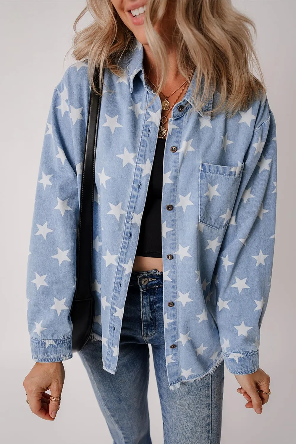 Ecosunny Womens Casual Long Sleeve Button Down Shirt Jacket Star Print Light Wash Raw Hem Denim Shacket Lightweight Tops