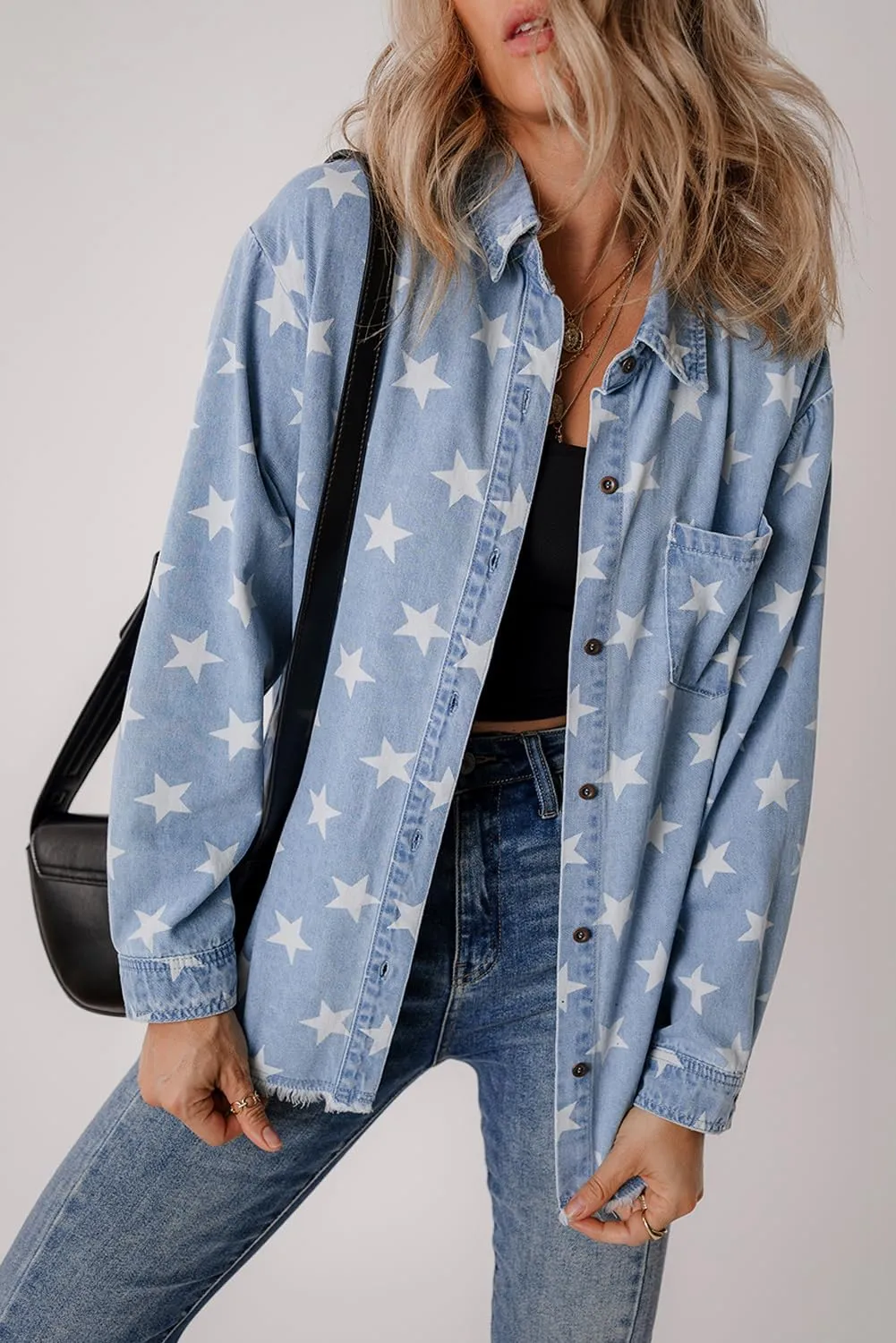 Ecosunny Womens Casual Long Sleeve Button Down Shirt Jacket Star Print Light Wash Raw Hem Denim Shacket Lightweight Tops