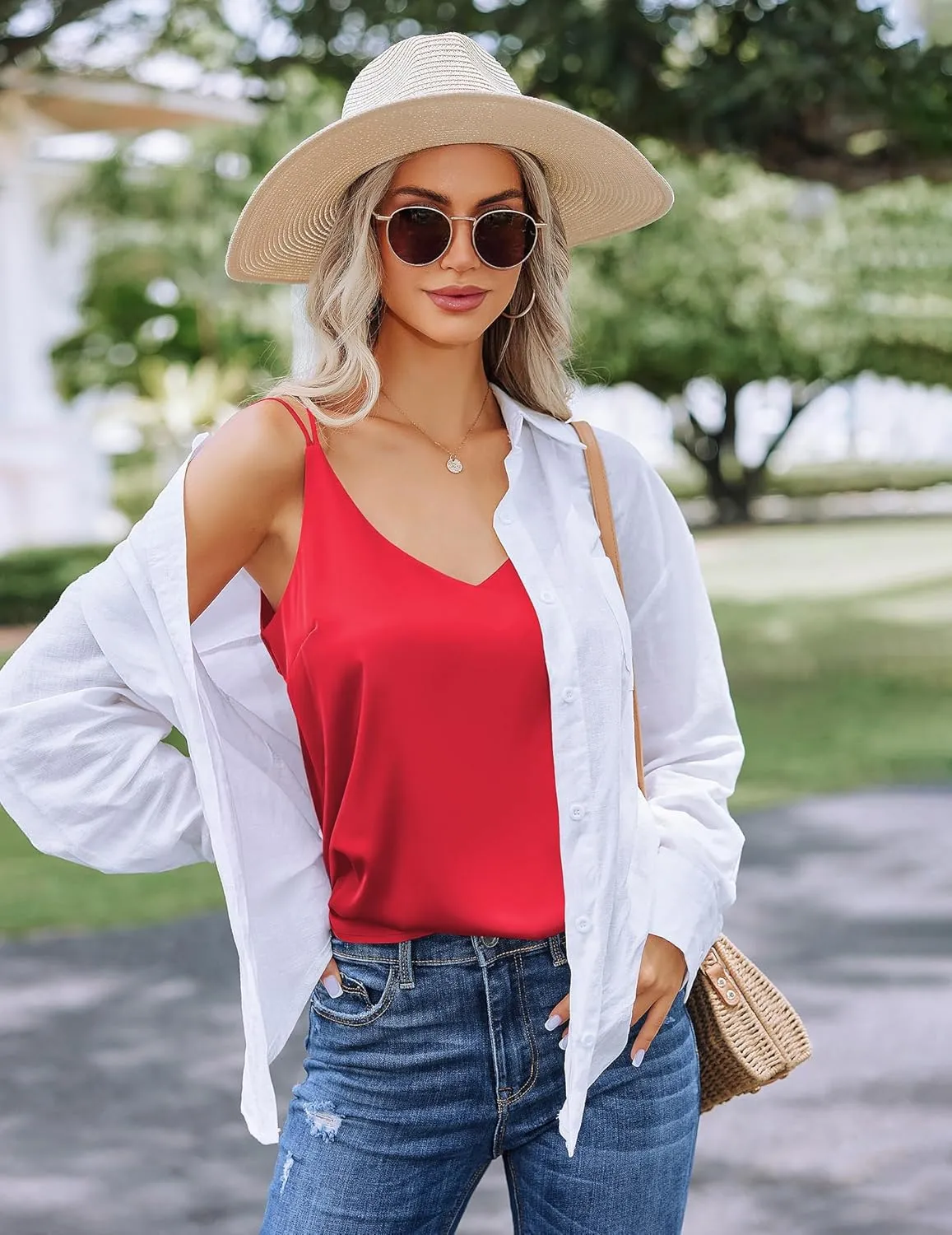 Ekouaer Womens Silk Satin Camisole Tank Tops V Neck Sleeveless Spaghetti Strap Blouses Casual Cross Back Cami Shirt