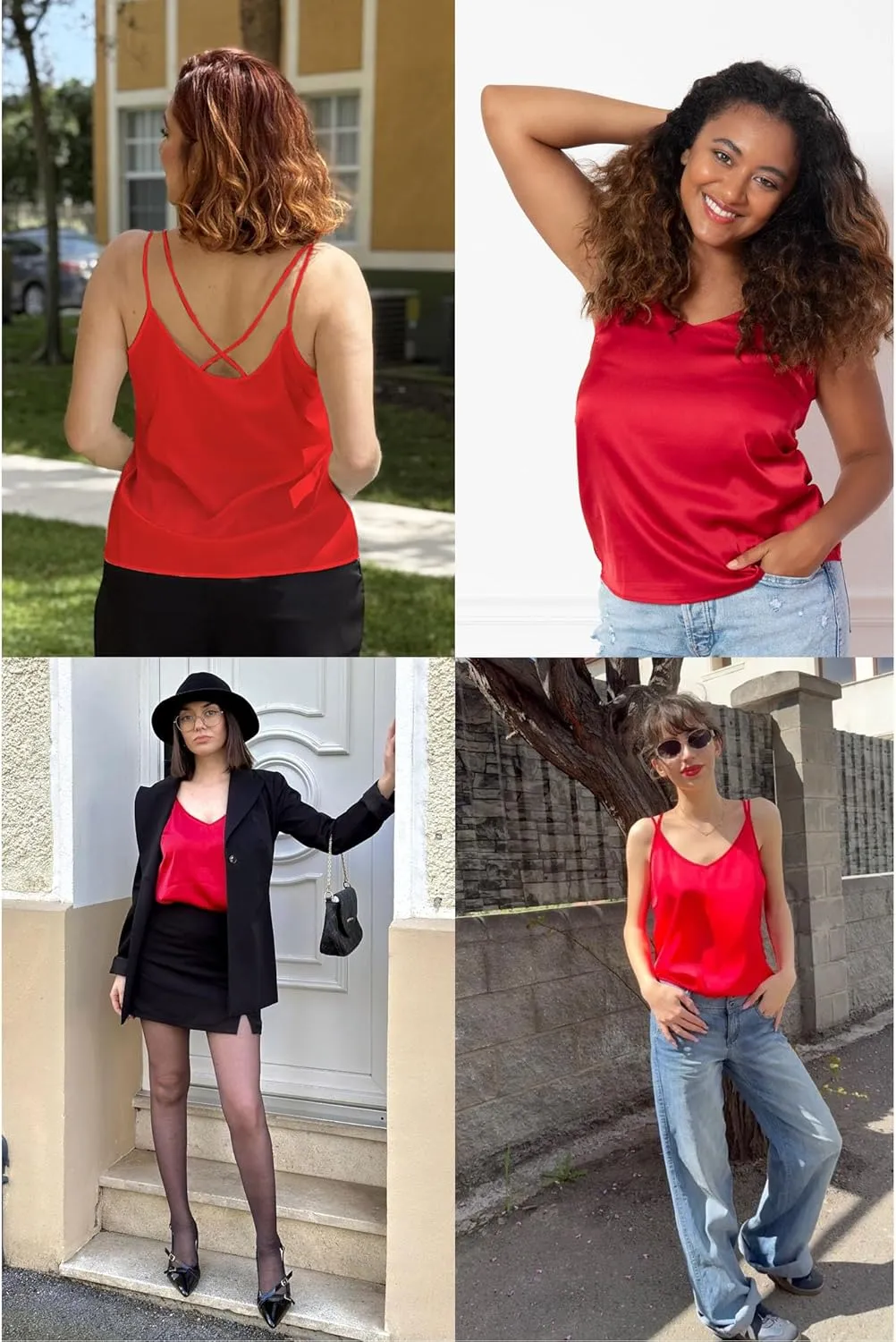 Ekouaer Womens Silk Satin Camisole Tank Tops V Neck Sleeveless Spaghetti Strap Blouses Casual Cross Back Cami Shirt