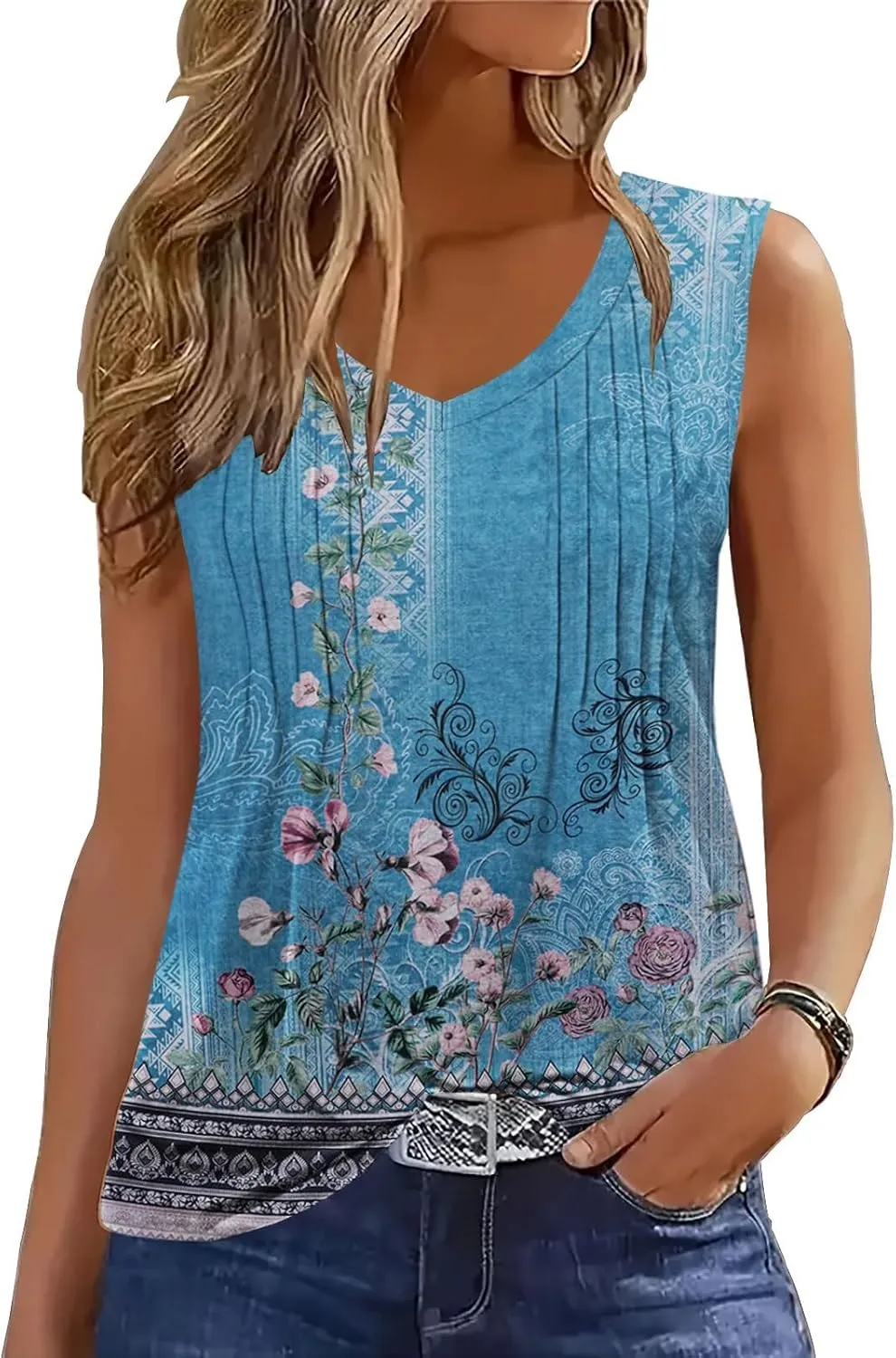 ETCYY Womens Tank Tops 2025 Summer Vacation Sping Outfits Loose fit Dressy Casual Blouses Tunic Pleated Sleeveless Shirts