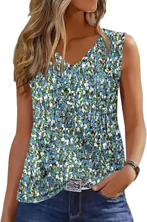 ETCYY Womens Tank Tops 2025 Summer Vacation Sping Outfits Loose fit Dressy Casual Blouses Tunic Pleated Sleeveless Shirts