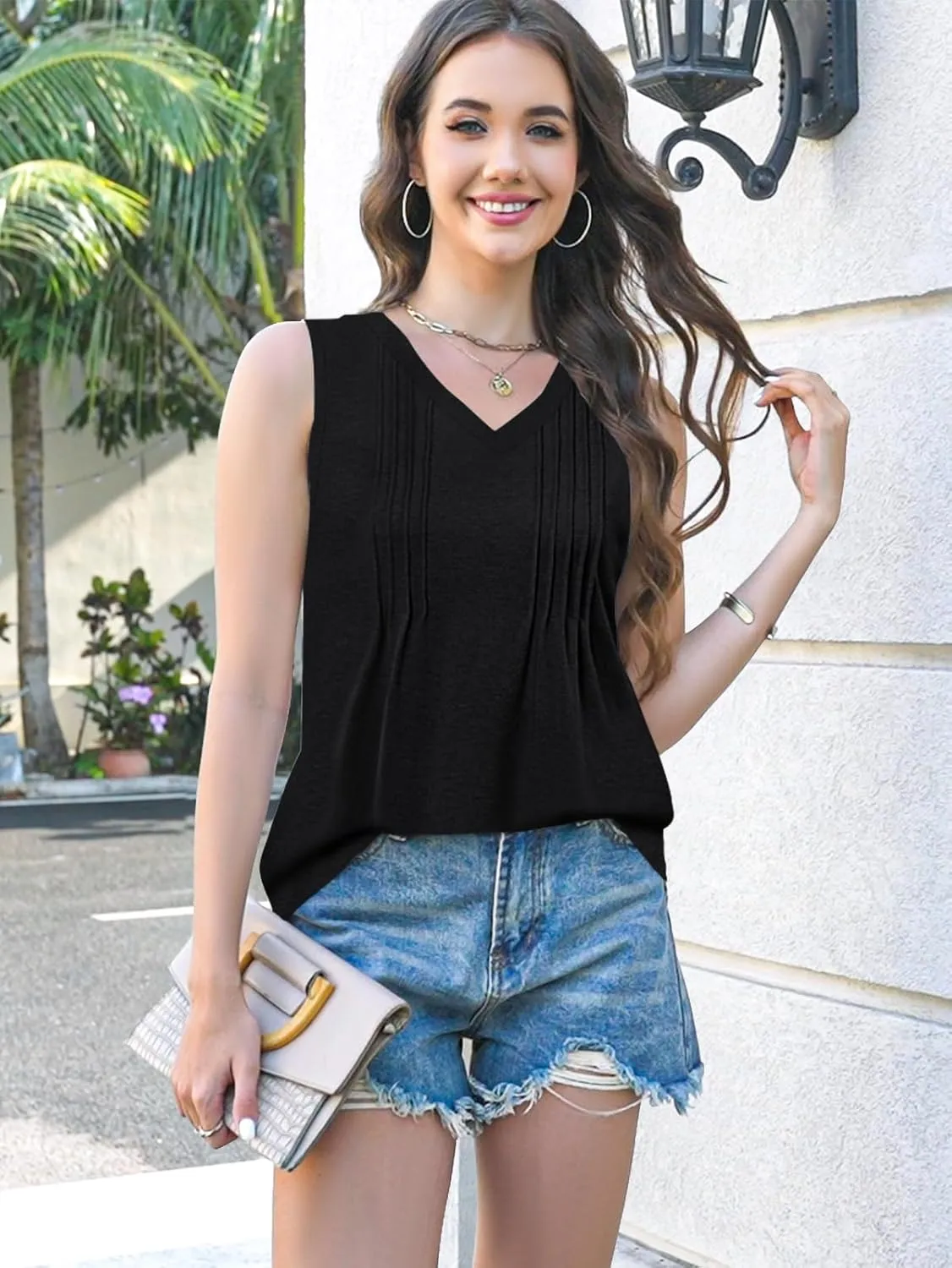 ETCYY Womens Tank Tops 2025 Summer Vacation Sping Outfits Loose fit Dressy Casual Blouses Tunic Pleated Sleeveless Shirts