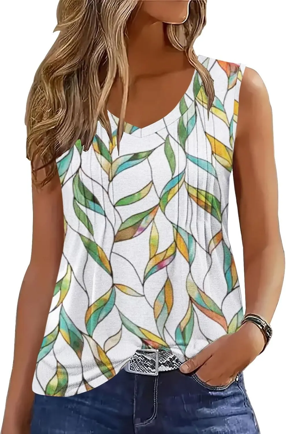 ETCYY Womens Tank Tops 2025 Summer Vacation Sping Outfits Loose fit Dressy Casual Blouses Tunic Pleated Sleeveless Shirts