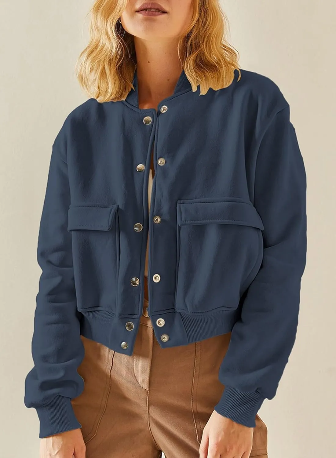 EVALESS Womens Jacket 2024 Fall Winter Long Sleeve Stand Collar Shacket with Side Pocket Lightweight Coat