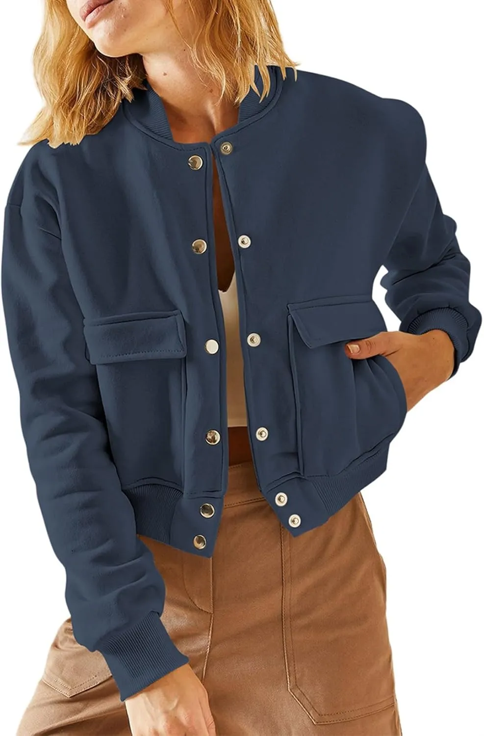 EVALESS Womens Jacket 2024 Fall Winter Long Sleeve Stand Collar Shacket with Side Pocket Lightweight Coat