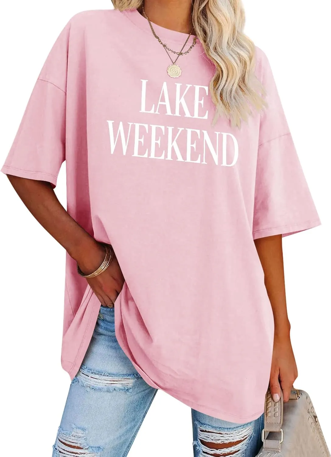 Ezcosplay Women Cute Lake Weekend Sweatshirt Letter Print Shirts Casual Loose Pullover Tops