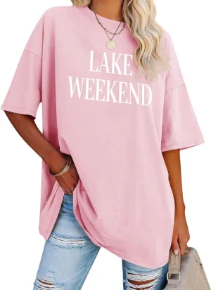 Ezcosplay Women Cute Lake Weekend Sweatshirt Letter Print Shirts Casual Loose Pullover Tops
