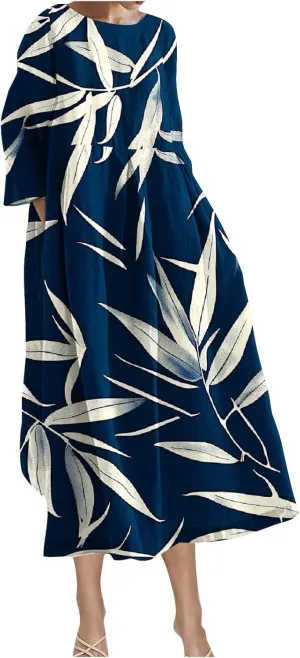 Fall Maxi Dresses for Women 2024 Boho Floral Maxi Dress Casual Ruffle Long Sleeve Crew Neck Beach Long Flowy Dresses Dresses for Women Blue L